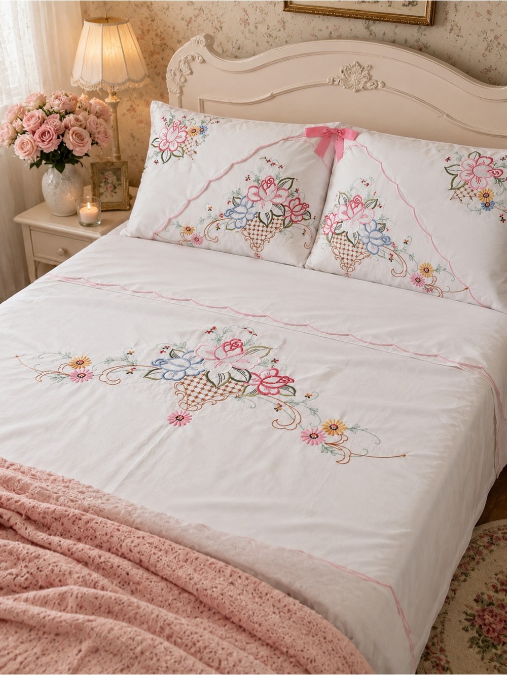 Vintage Embroidered Sheet & Pillowcase Set with Pink Floral Cottagecore Design